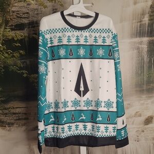 New! Mens Large Teal and White Festive Ugly Christmas Sweater